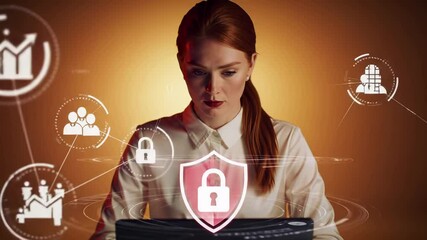 Professional woman working on cybersecurity protection with digital shield lock and binary code background. Business technology security concept with encryption, data, and network safety systems - Powered by Adobe