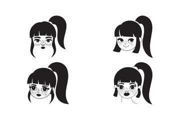 Cartoon faces of girls with freckles and ponytails