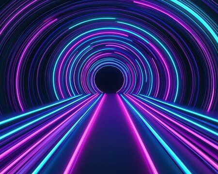 A vibrant, futuristic tunnel with swirling neon lights in blue and purple hues, creating a dynamic sense of motion and depth toward a dark center.