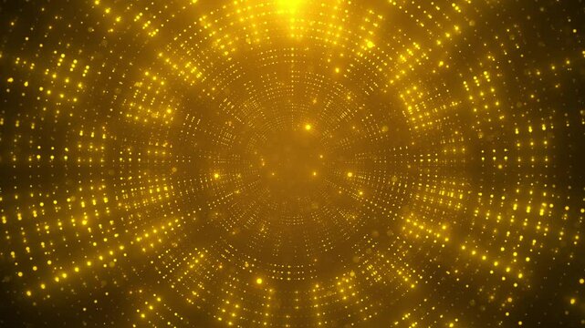 Explosion Golden Bokeh lights. Holiday motion background. Glowing particle abstract. Moving Through Luxury Tunnel Made of Gold Glittering Particles Luxury Premium Award nomination ceremony background