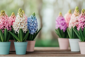 Colorful hyacinth flowers in pastel pots arranged on a wooden surface with a blurred natural background.