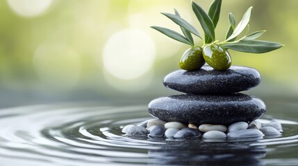 Obraz premium Tranquil Balance of Stones and Leaves on Water Surface in Nature