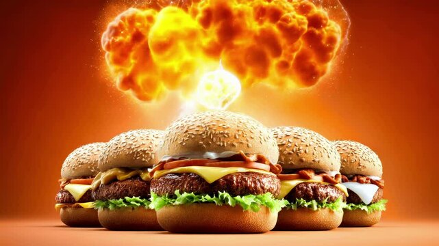 Three gourmet burgers with cheese, beef patties, lettuce and sesame buns explode with lightning energy. Fast food restaurant meal concept with electric power and flame effects background.