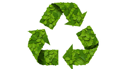 Green recycling symbol formed entirely from lush green leaves representing environmental sustainability and ecological awareness isolated on white background