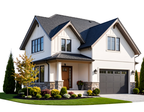 Stylish two-story residential dwelling showcasing modern design and a meticulously maintained front garden.