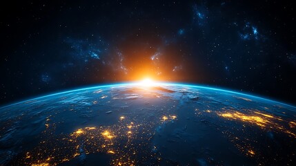 Earth From Space View Showing City Lights and Sunrise with Stars in the Background