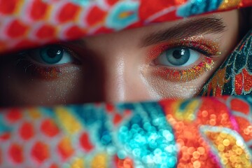 Vibrant blue eyes peer out from behind a colorful, patterned fabric with a touch of glitter, symbolizing intrigue, allure, and a glimpse into a captivating persona.