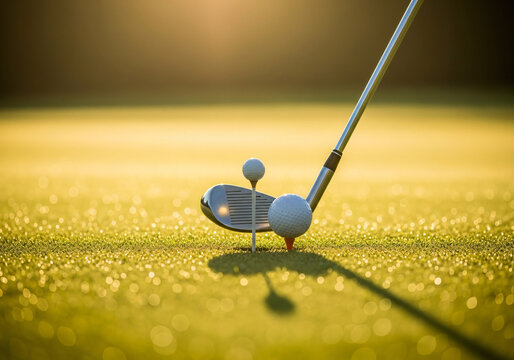 golf club and golf ball on pin in a green lawn with morning sunshine - Powered by Adobe