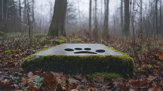 Tranquil Forest with Mossy Stone and Paw Print on a Foggy Day - Powered by Adobe