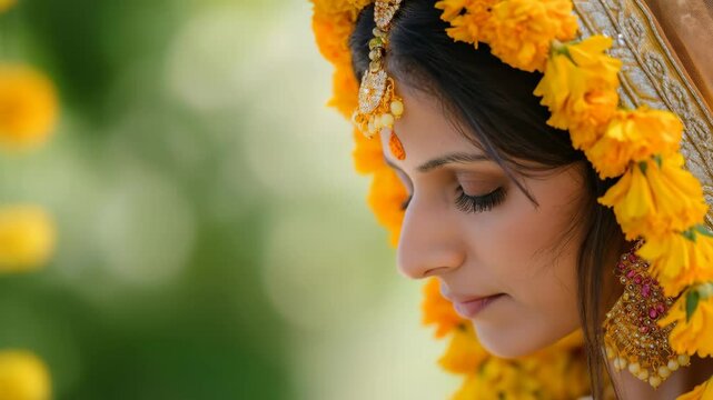 Side view of woman dressed in traditional attire with yellow flower garland. Indian festive haldi ceremony. Wedding celebration footage.
