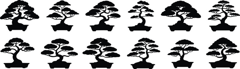 Set of various bonsai tree silhouettes in traditional pots, symbolizing harmony, nature, cultivation, and Zen aesthetic in Japanese art.