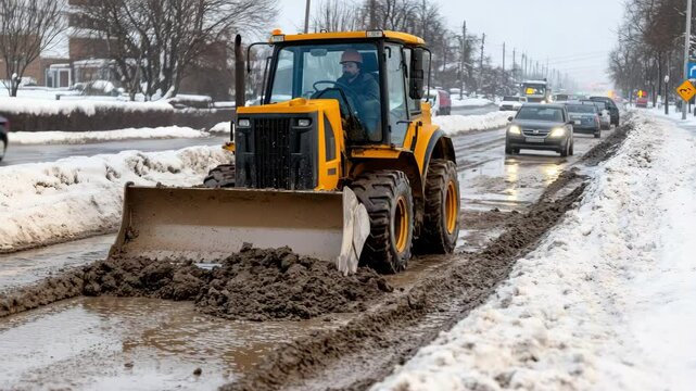 Heavy machinery removes snow and mud from roads while traffic navigates through winter conditions and slushy streets