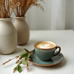 Elegant Latte Art in Green Ceramic Cup with Minimalist Décor