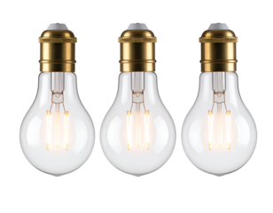 A trio of modern LED filament bulbs with classic design illuminates with a warm, inviting glow.