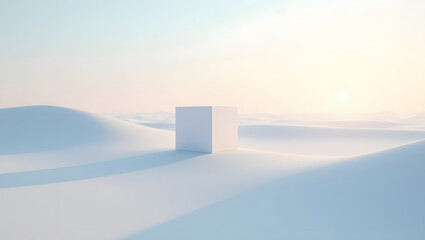Serene Abstract Landscape Featuring a Geometric Cube at Sunrise