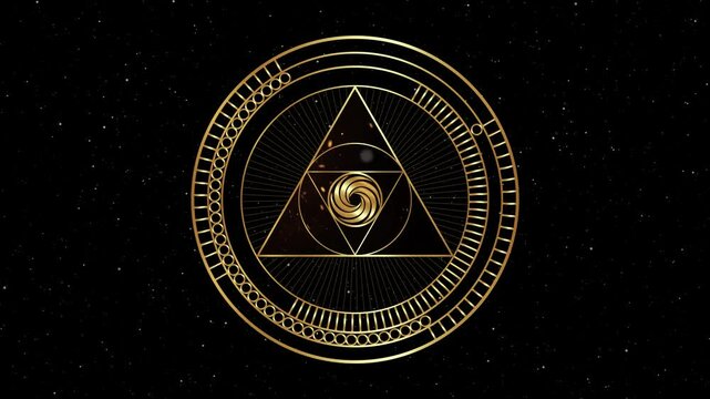 Animation of gold Sacred Geometry, gear in motion of geometric shapes Circles and triangles in golden proportion, Mystical logo design, masonic simbol, occult magic spiral on galaxy. Video looping 
