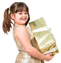 A smiling girl, standing with a gift box in her hands, isolated on transparent cutout background. A girl in a festive golden dress with present.