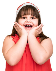 Excited girl in red dress smiling with open mouth, isolated on transparent cutout background. Happy little girl in red holiday dress expressing excitement, isolated on transparent cutout background.