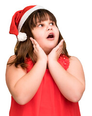 Little girl in Santa hat looking surprised, isolated on transparent cutout background. Perfect for holiday, Christmas, and seasonal themes.