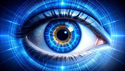 Obraz premium Close-up of a blue glowing eye surrounded by digital circuitry