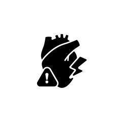A black anatomical heart with a warning exclamation icon, representing caution or alertness.