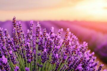 Fototapeta premium Vibrant lavender flowers bloom in a field at sunset, casting a warm glow over the purple landscape.
