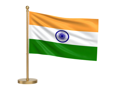 A striking three-band flag with a prominent blue wheel, gracefully unfurled on a shining golden standard.