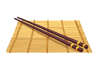 Dark Brown Chopsticks on Detailed Bamboo Mat - Vector Illustration