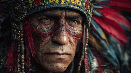 Fototapeta premium Native american indian portrait chief face headdress feathers tribal culture tradition history heritage on transparent background