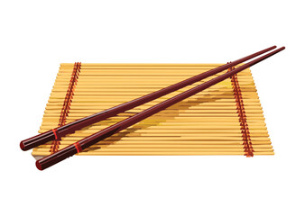 Brown Chopsticks Diagonal on Rolling Bamboo Mat - Vector Illustration