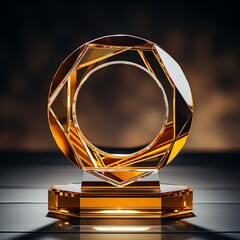 Geometric Glass Trophy with an Octagon Ring and Faceted Base on Dark Surface