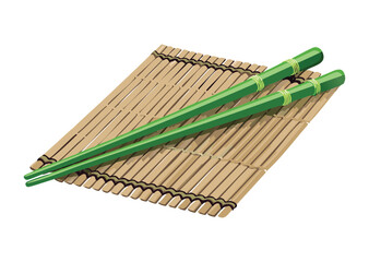 Green Chopsticks Parallel on Brown Bamboo Mat - Vector Illustration