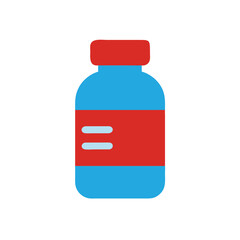 Obraz premium Flat a medicine bottle in blue red with two light blue horizontal lines on the label