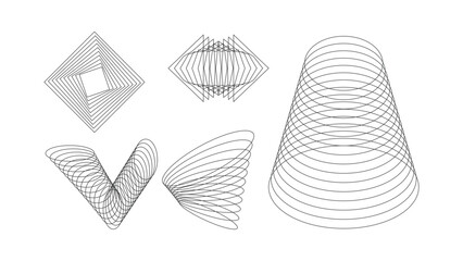 Five distinct line art geometric patterns including a square an almond a cone a Vshape and a fan on a white canvas