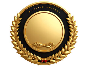 Elegant golden award crest with a polished central disc, surrounded by a detailed laurel and stars.