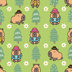 Cute capybara pattern with trees and flowers