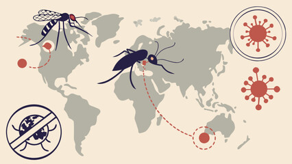 Mosquito borne diseases world map vector illustration for awareness and prevention campaign design idea