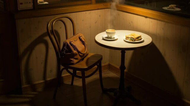 Empty caf&eacute; corner shows a handbag on a chair with untouched coffee and sandwich under warm light, capturing the missed break of an overworked woman.