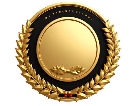 Elegant golden award crest with a polished central disc, surrounded by a detailed laurel and stars.