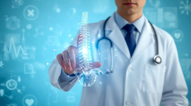 The concept of drug treatment of the spine of the patient, doctor wearing a white coat touches a glowing, stylized model of a human spine. The spine is depicted with a network of interconnected lines