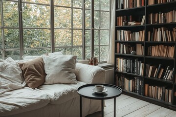 Small black metal side table with round top next to white sofa and armchair with pillows by floor-to-ceiling windows in cozy modern living room