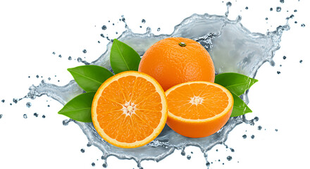 Vibrant whole and halved oranges with fresh green leaves surrounded by a dynamic water splash isolated on white background