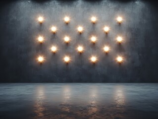 Naklejka premium A dark textured wall with 24 illuminated vintage light bulbs arranged in a grid, reflecting softly on the smooth floor below.