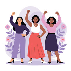 Fototapeta premium Three women with raised fists in solidarity illustration