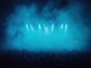 A large crowd enjoys a concert or event with fog and bright stage lights creating a vibrant blue atmosphere.
