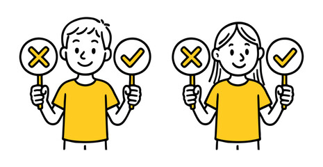 Boy And Girl Holding Stop and Check Mark Signs, Hand-Drawn Style Vector Illustration, Smiling Child Character