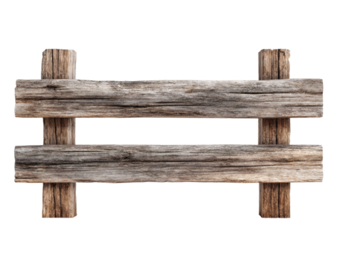 Rustic weathered wooden fence post with horizontal planks isolated on transparent background