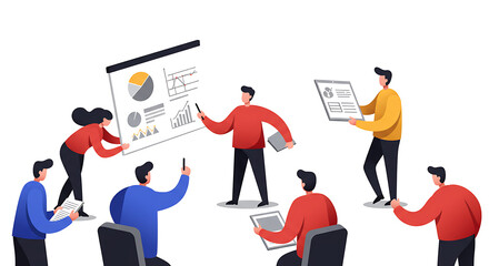 Business presentation team discussing strategy using charts and graphs