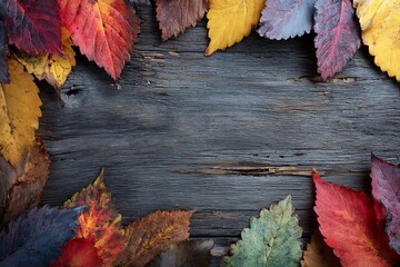 Vibrant Fall Leaves Arranging on Rustic Wooden Planks, A beautiful autumnal scene showcasing a variety of colorful fall leaves (reds, oranges, yellows) arranged in a decorative border on a weathered, 
