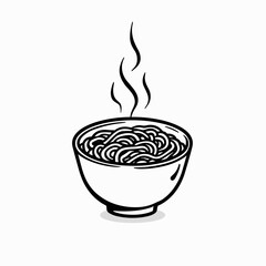 Bowl of steaming noodles in minimalist line art style  